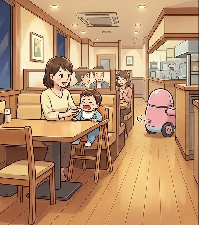 店舗配膳ロボット「ジェミポンポン」がいなくなって泣き出した 男の子のイラスト