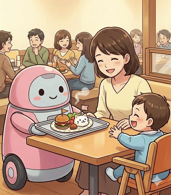 店舗アイドル配膳ロボット「ジェミポンポン」が戻ってきてお子様ランチを届け、男の子が大喜びしているイラスト