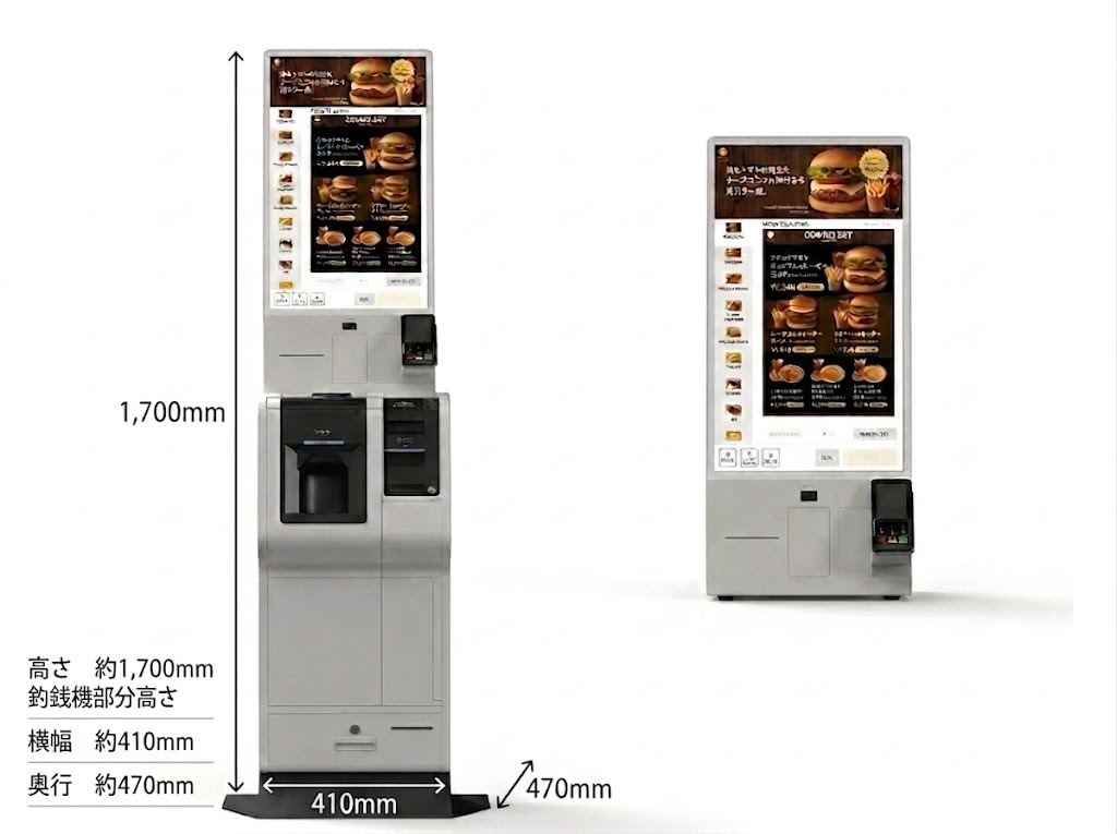 省スペースで設置可能なスリムタイプの自動券売機。タッチパネル式の操作画面と各種決済ユニットを搭載した、ホワイトカラーの筐体デザイン。