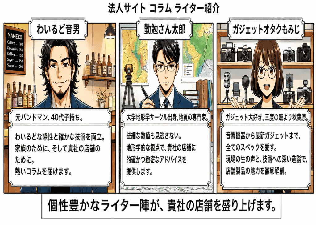 「店舗コラム執筆陣のプロフィール詳細（わいるど音男、勤勉さん太郎、ガジェットオタクもみじ）」