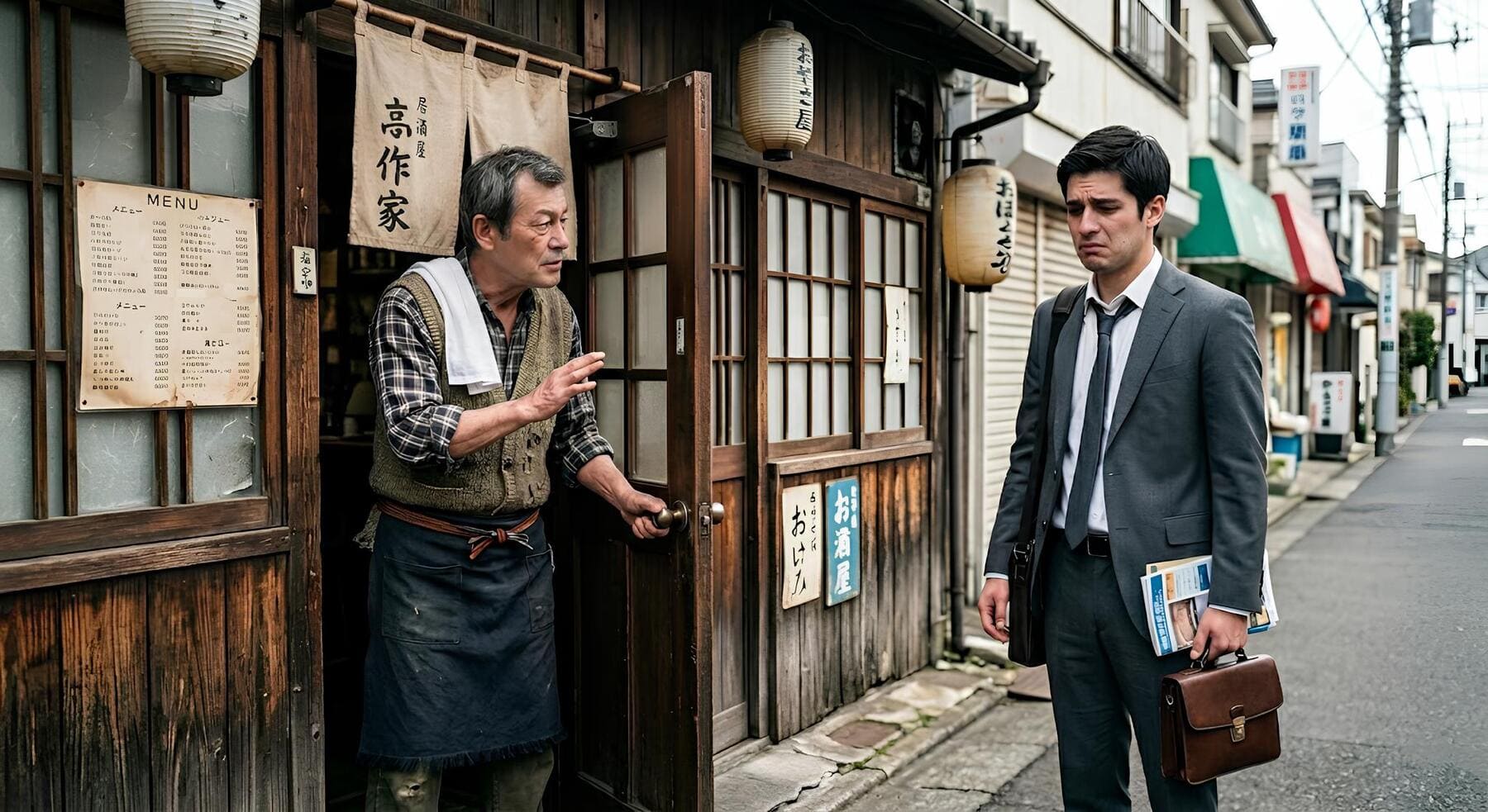 居酒屋の入り口で、スーツ姿の営業担当者が店主から有線BGMの営業を断られ、肩を落としている様子」