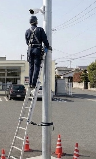 高い金属製のポールにハシゴをかけ、命綱（胴綱）をつけて高い位置で防犯カメラの取付・調整を行っている作業員の背中。