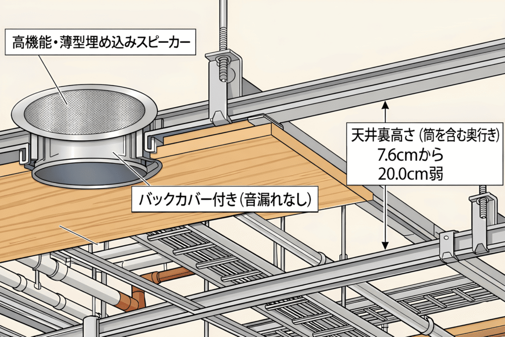 高機能・埋め込みスピーカーの施工：バックカバー付きタイプに必要な天井裏の寸法（7.6cmから20.0cm弱）の解説図