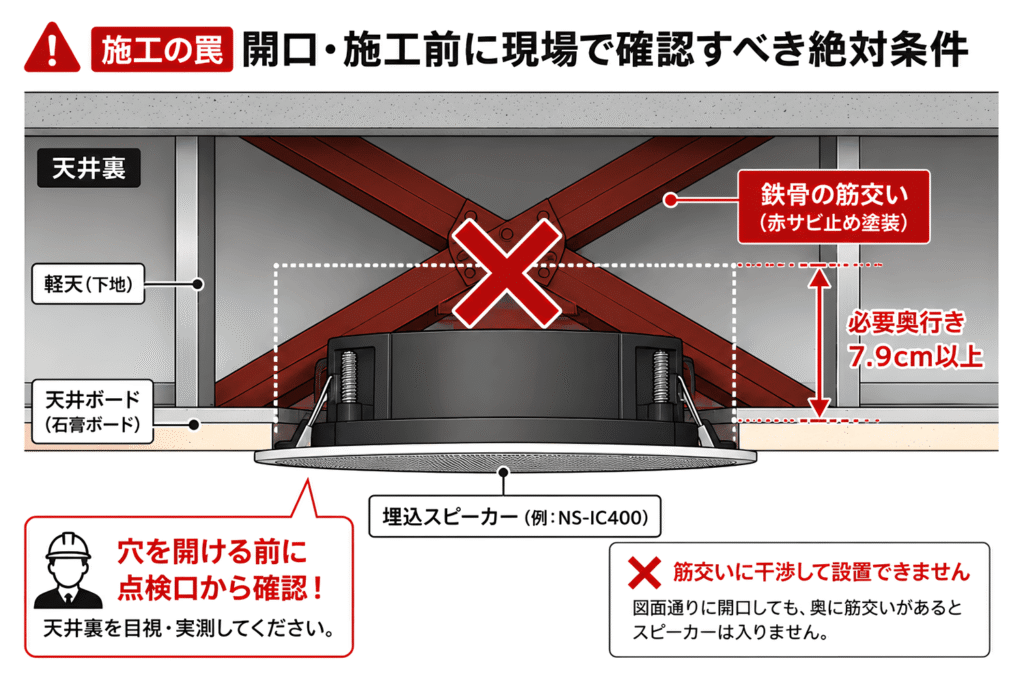 埋め込みスピーカー設置時に注意すべき天井裏の障害物：鉄骨の筋交いと必要な奥行きの確認図
