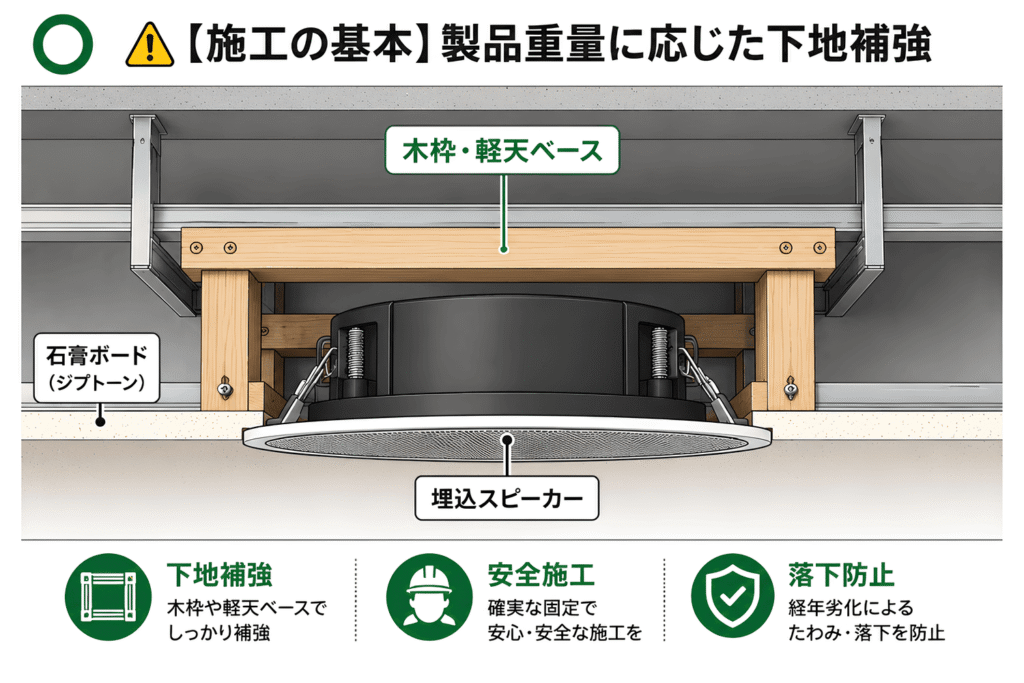 埋め込みスピーカーの施工：製品重量に応じた木枠・軽天ベースによる天井下地補強と落下防止対策