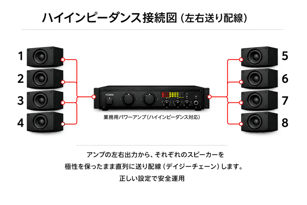 業務用アンプとスピーカーのハイインピーダンス接続図（左右送り配線・デイジーチェーン接続）