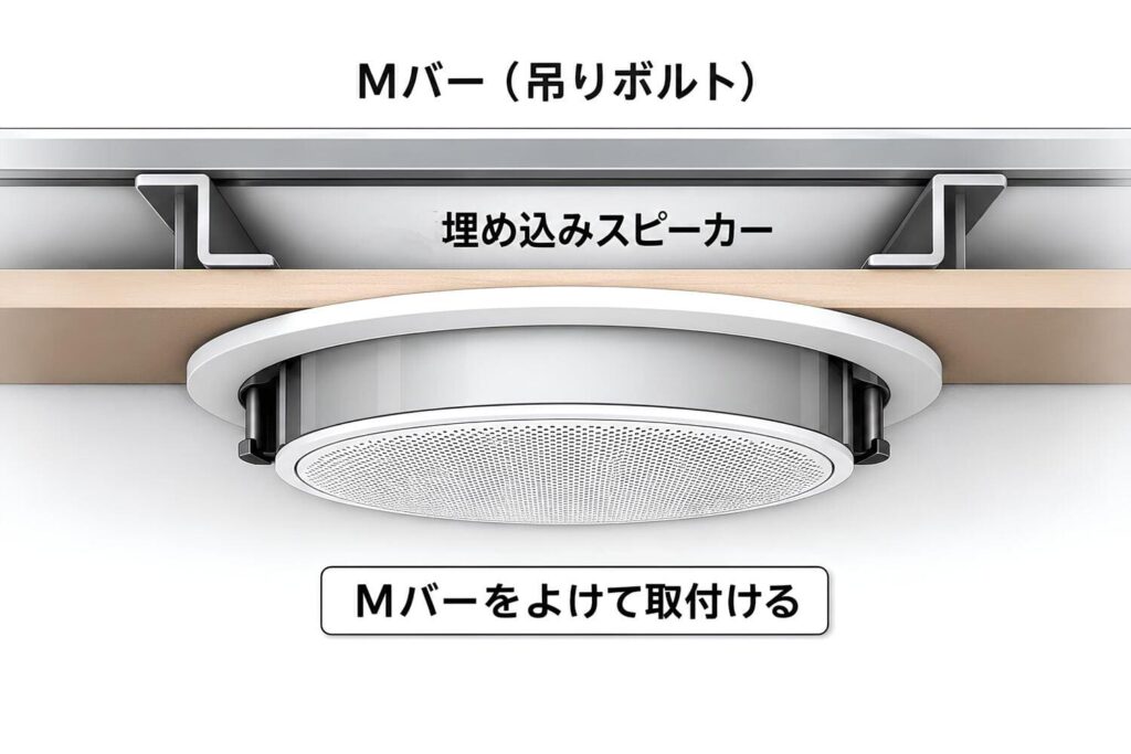 天井埋め込みスピーカーの施工方法：天井下地のMバーを避けて取り付ける様子