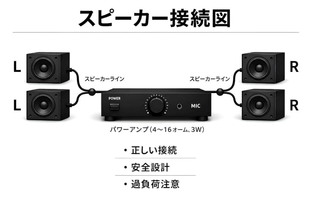 パワーアンプとスピーカーのローインピーダンス接続図：L側とR側への正しい接続と過負荷注意の解説