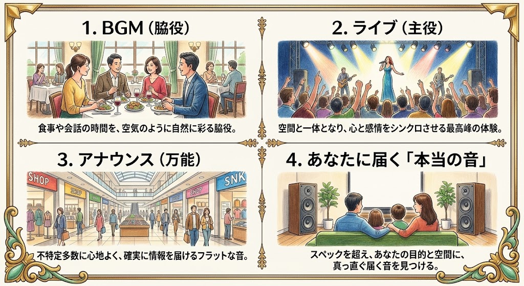 「BGM」、「ライブ」、「アナウンス」、そして「あなたに届く『本当の音』」の4つの異なる店舗音響コンセプトと役割を、イラストで解説する図解パネル。各コンセプトに具体的な役割が説明されている。