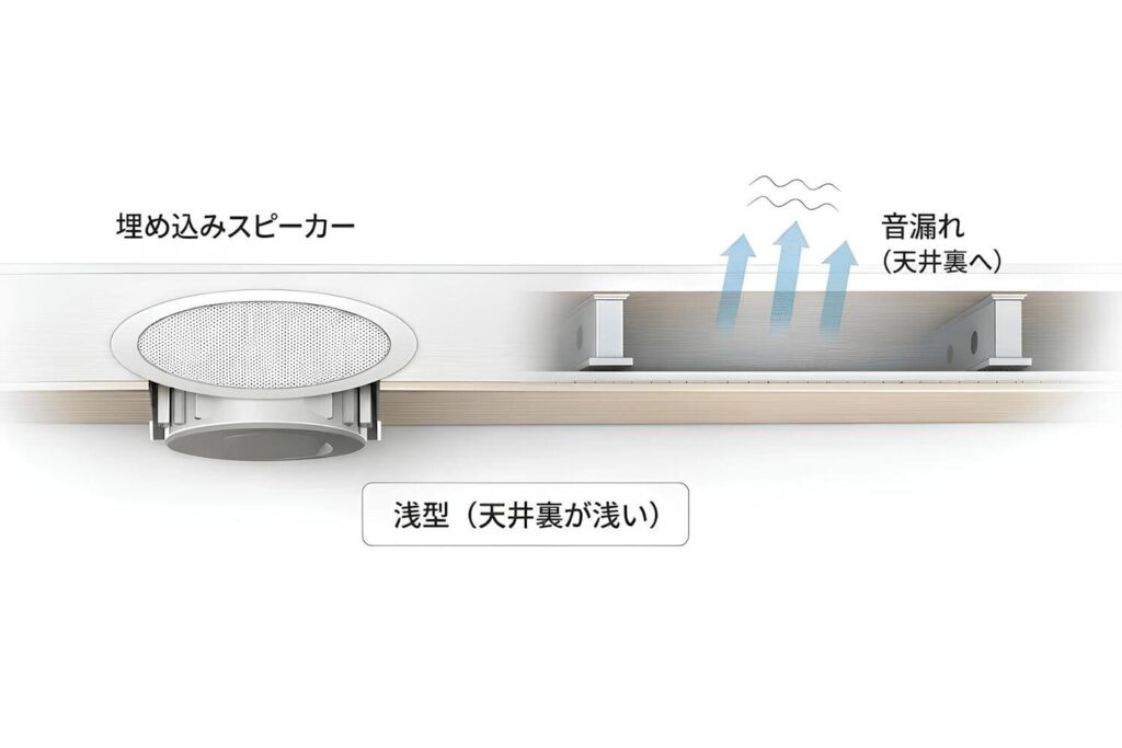 バックカバーがない埋め込みスピーカーから天井裏へ音が漏れる様子