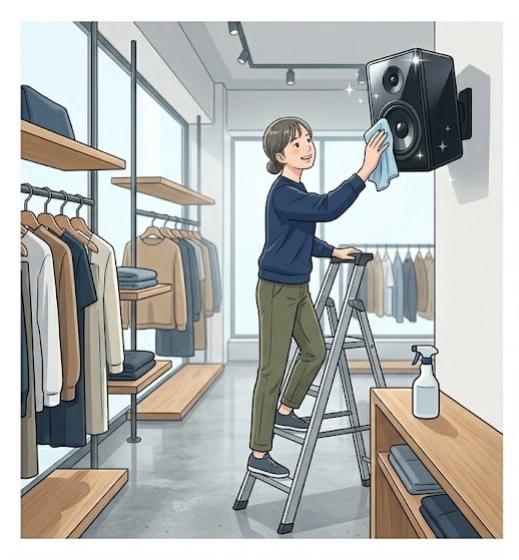 アパレルショップでスタッフが脚立に登り、樹脂製スピーカーを丁寧にメンテナンスしている様子