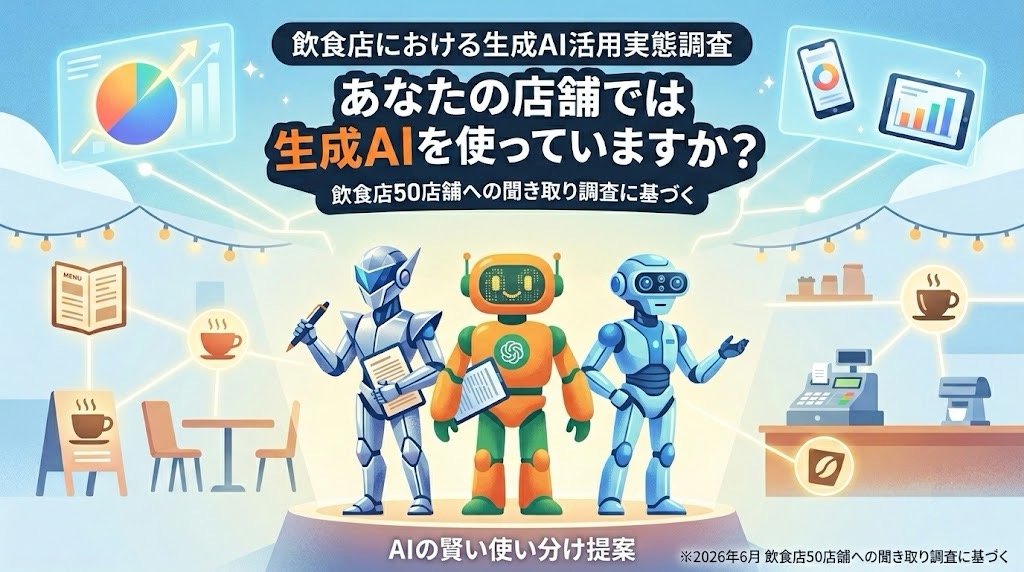 飲食店における生成AI活用実態調査のインフォグラフィック。ロボットたちが飲食店でAIを活用する様子が描かれ、「あなたの店舗では生成AIを使っていますか？」というタイトルが書かれています。