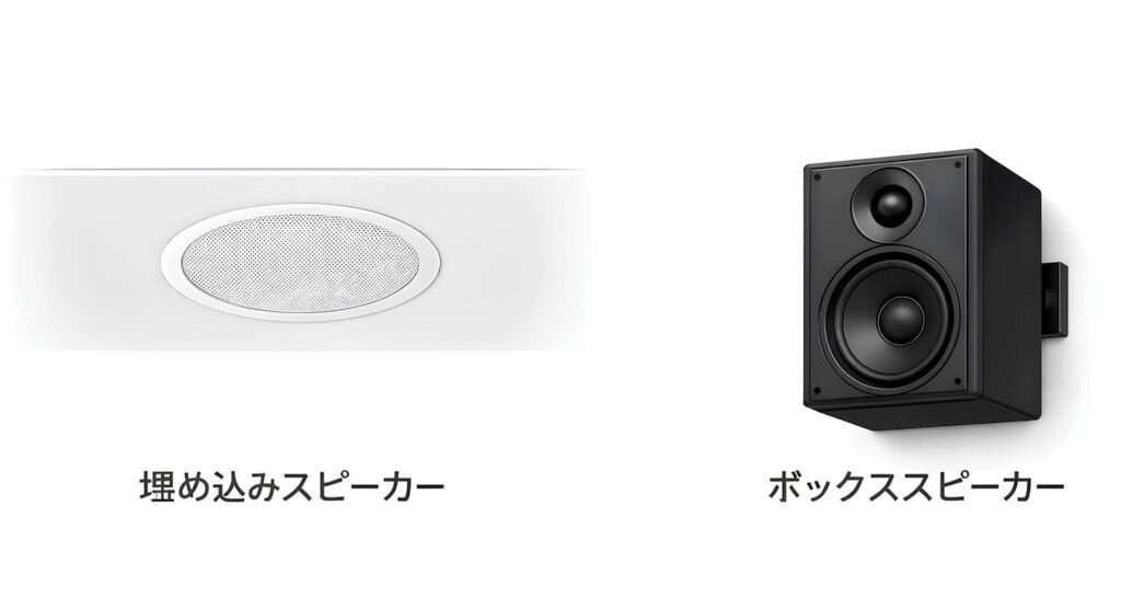 天井埋め込みスピーカーと壁掛けボックススピーカーの比較画像