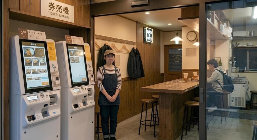 「導入された券売機により業務効率が向上した店舗。デジタル化によってスタッフの負担が軽減され、店舗運営の最適化を実現した理想的なスタイル。」